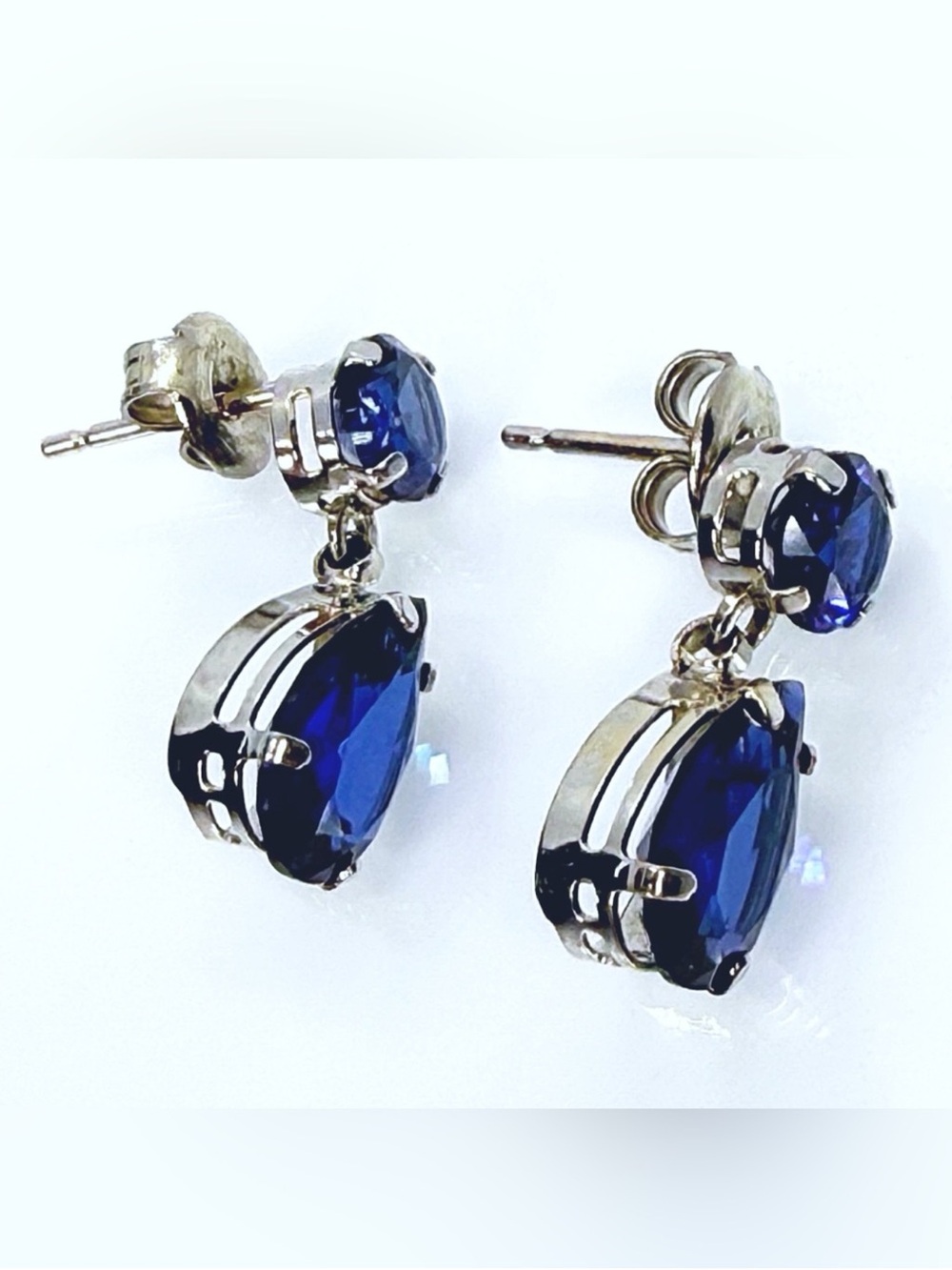 4th of July Blue 10k White Gold Blue Diamond Teardrop Drop Earrings! - Picture 3 of 6